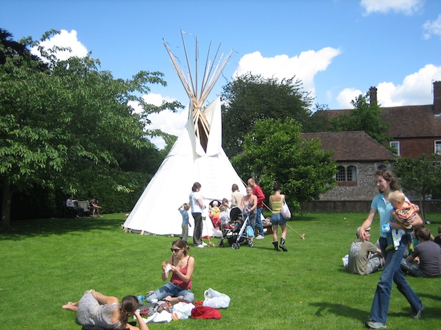 tipi with children and parents